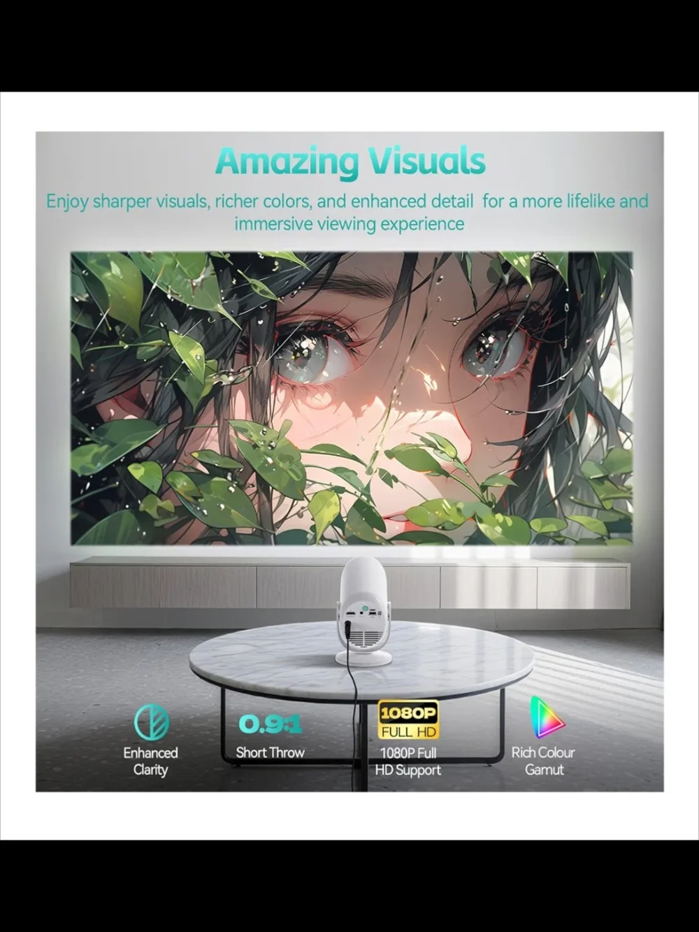 White Mini Projector for Home Theater - Portable Wireless Bluetooth